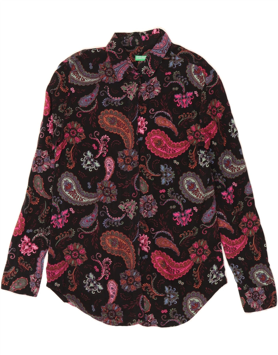 Camisa feminina BENETTON UK 10 pequena preta Paisley Modal