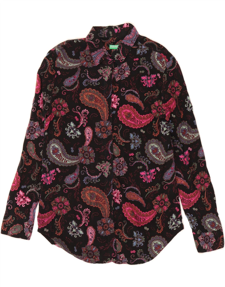 Camisa feminina BENETTON UK 10 pequena preta Paisley Modal