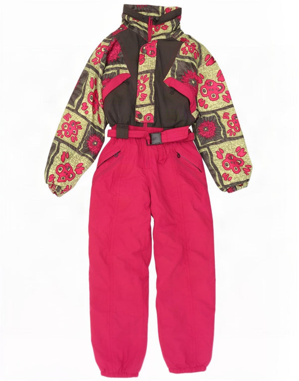 Macacão de esqui feminino vintage com capuz UK 10 pequeno rosa floral