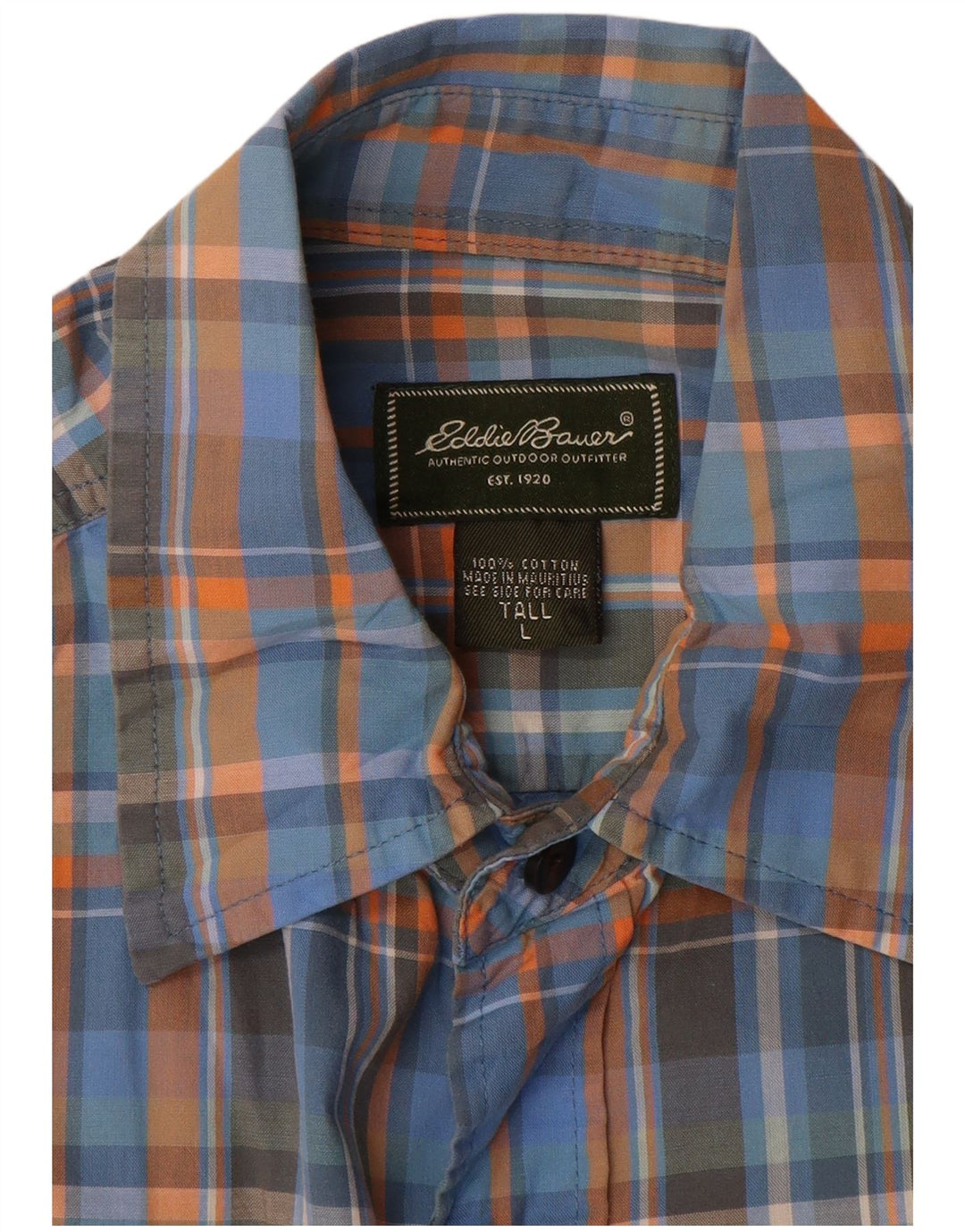 Eddie Bauer Camisa masculina alta de manga curta grande algodão xadrez azul