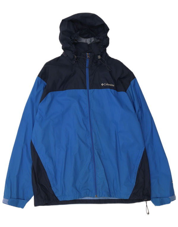 Jaqueta de chuva masculina Columbia com capuz UK 42 XL azul colorblock nylon