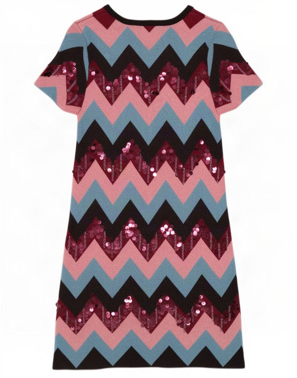 Zara Vestido feminino de mangas curtas, Reino Unido 8 Pequeno Chevron multicolorido