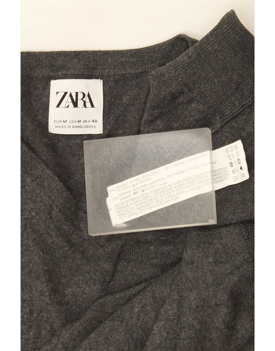 Zara Suéter masculino com decote em V, viscose cinza médio