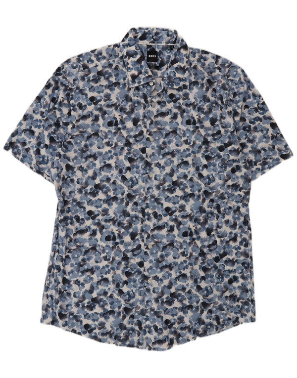 Camisa masculina Hugo Boss Stretch manga curta tamanho 43 17 XL azul floral