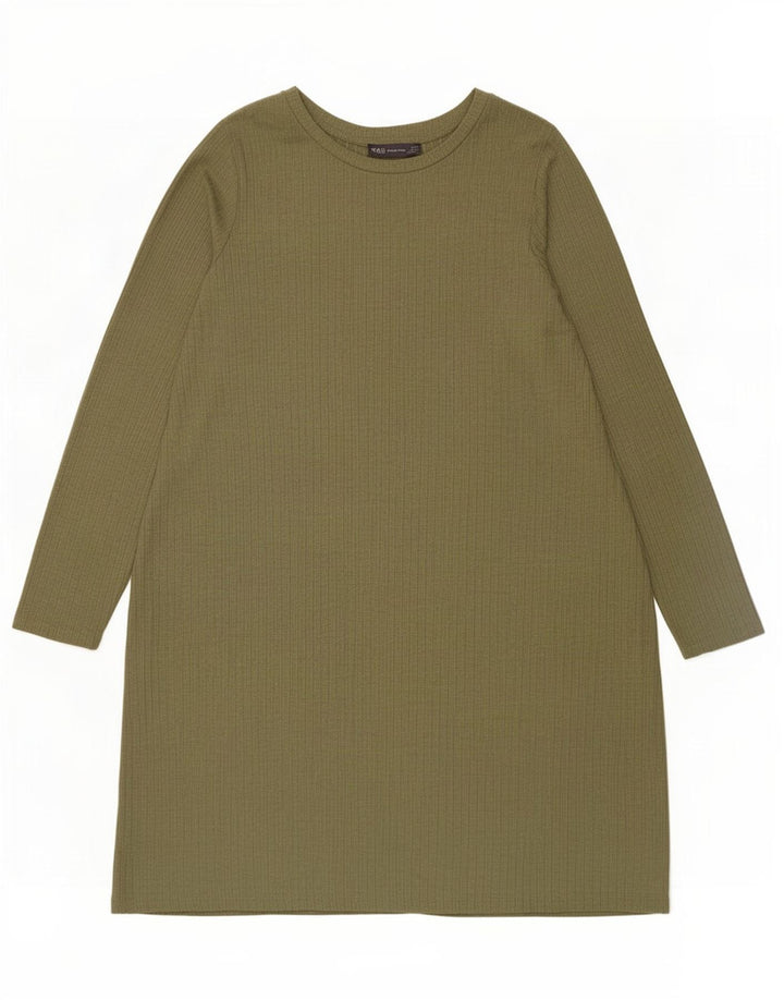 Vestido feminino de manga comprida Marks & Spencer Reino Unido 14 grande poliéster cáqui