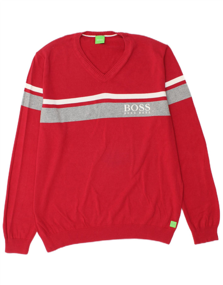 Suéter masculino HUGO BOSS gráfico com decote em V grande bloco colorido vermelho
