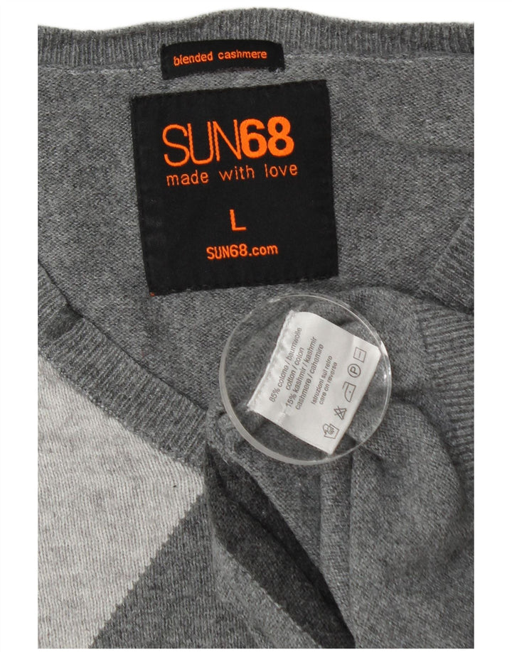 Suéter masculino Sun68 com decote em V grande cinza Argyle/algodão diamante