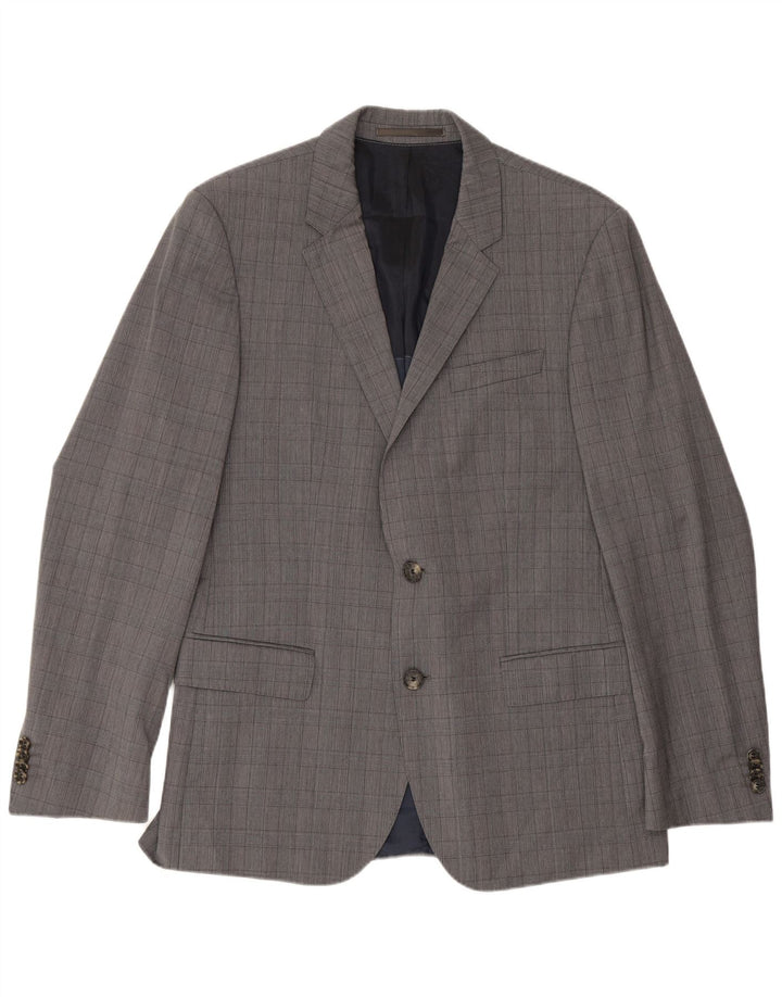 Jaqueta blazer masculina Hugo Boss com 2 botões EU 48 lã virgem xadrez cinza médio
