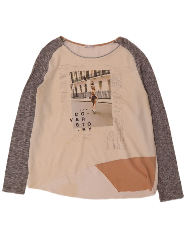Top gráfico feminino Zara manga comprida UK 16 grande bloco colorido branco