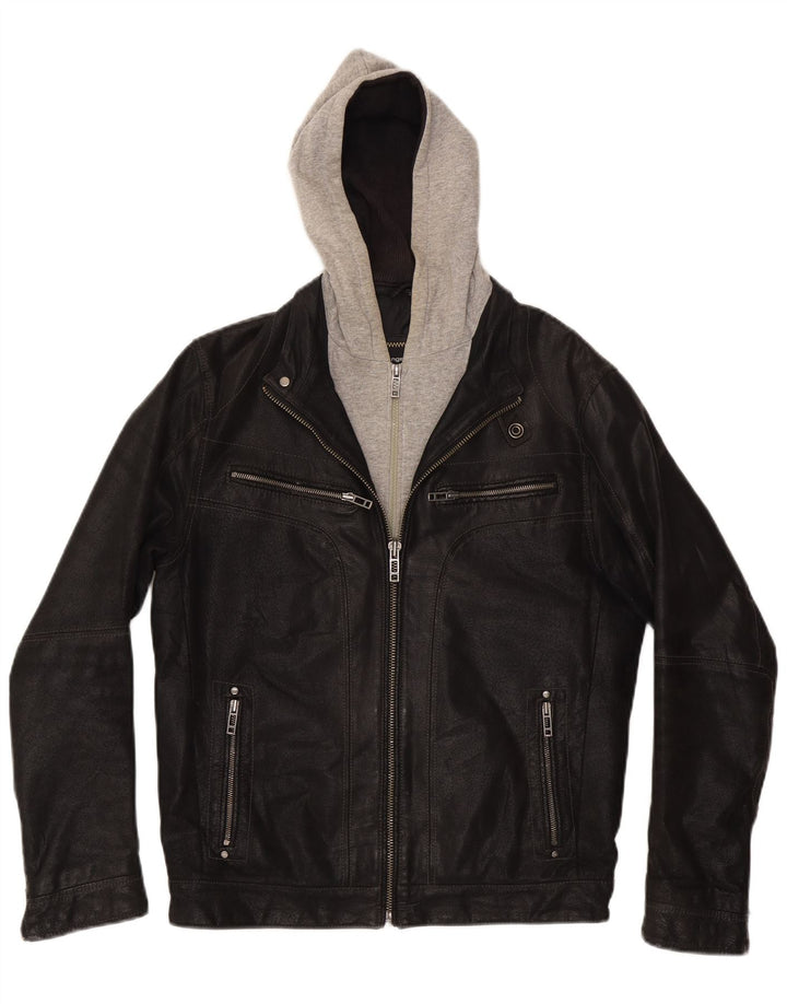 Jaqueta masculina de couro com capuz Angelo Litrico UK 36 Small Black Colourblock