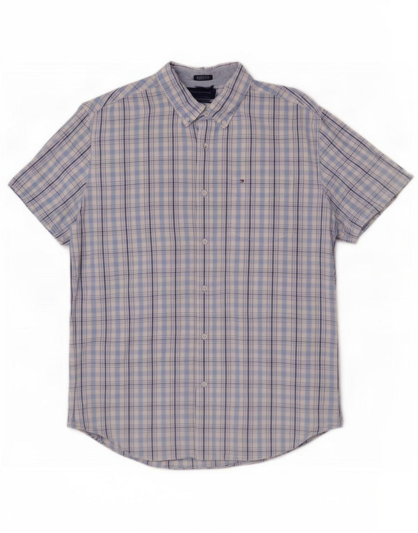 Tommy Hilfiger Camisa masculina de manga curta com ajuste personalizado XL azul xadrez algodão