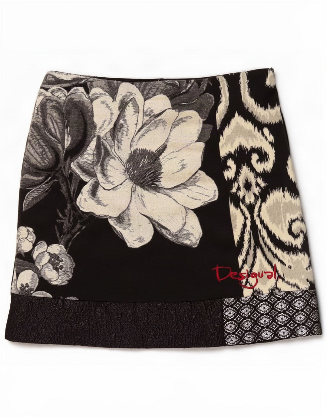 Minissaia feminina Desigual gráfica EU 40 médio W32 preto floral poliéster