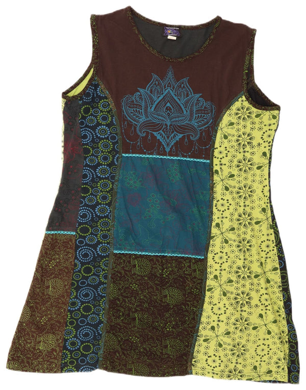 Vestido feminino vintage sem mangas linha A UK 20 2XL patchwork multicolorido