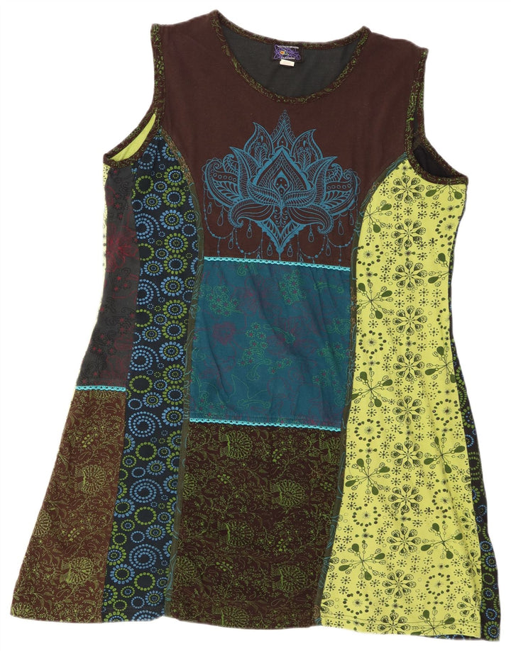 Vestido feminino vintage sem mangas linha A UK 20 2XL patchwork multicolorido