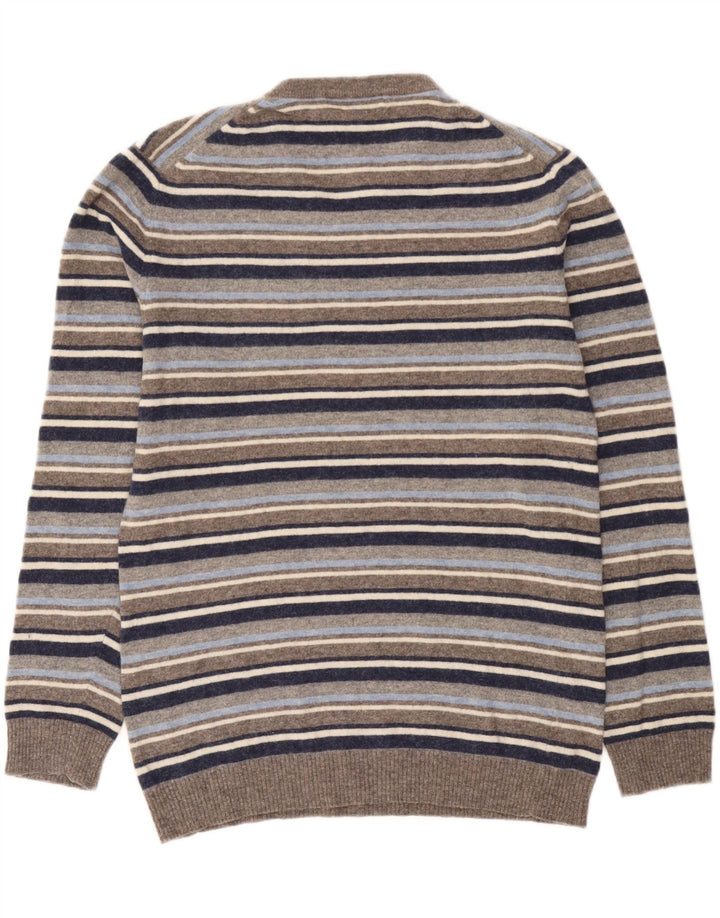 Crew Clothing Suéter masculino com decote em V de lã listrada cinza médio