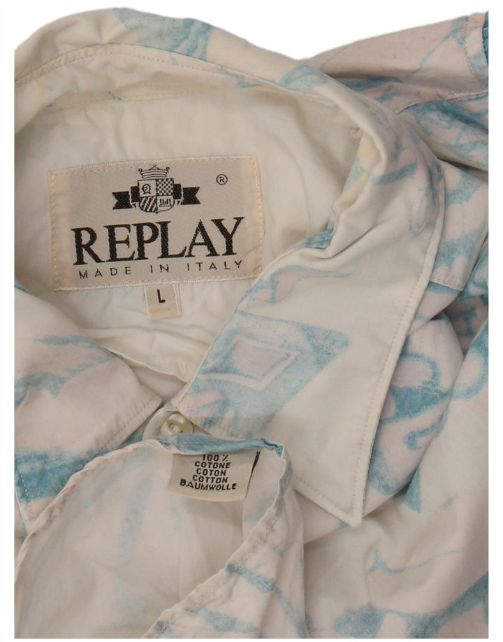 Camisa masculina Replay Abstract Padrão grande algodão branco