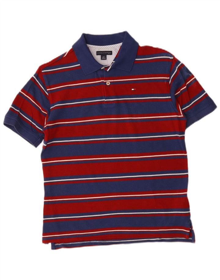 Camisa polo masculina Tommy Hilfiger pequena listrada vermelha de algodão