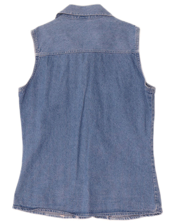 Camisa jeans feminina vintage sem mangas Reino Unido 10 azul pequeno