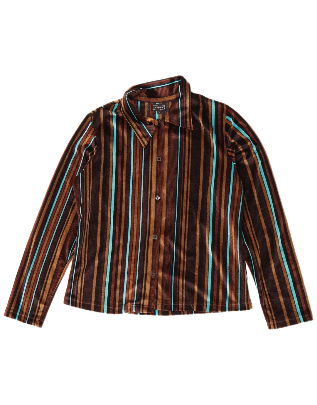 Apenas blusa feminina de veludo Reino Unido 16 grande poliéster listrado marrom