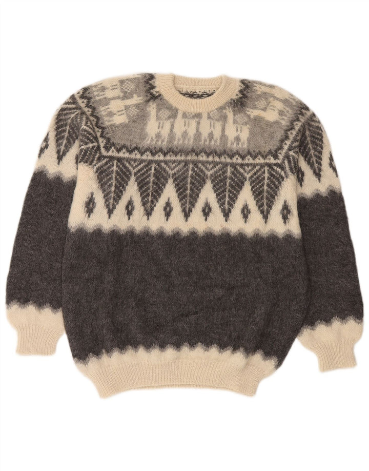 Suéter masculino vintage com gola redonda, pequeno cinza Fair Isle