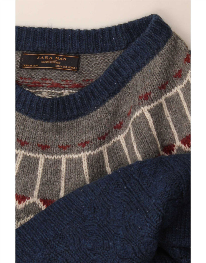 Zara Suéter masculino com gola canoa médio azul marinho Fair Isle