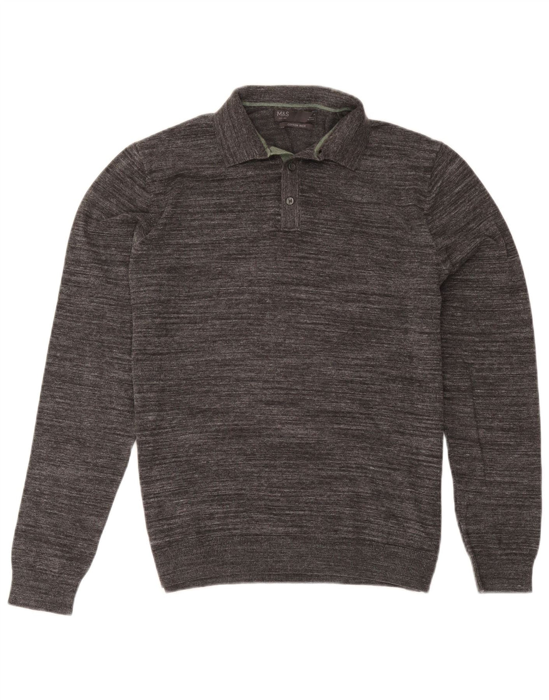 Suéter masculino Marks & Spencer com gola polo e algodão manchado cinza médio