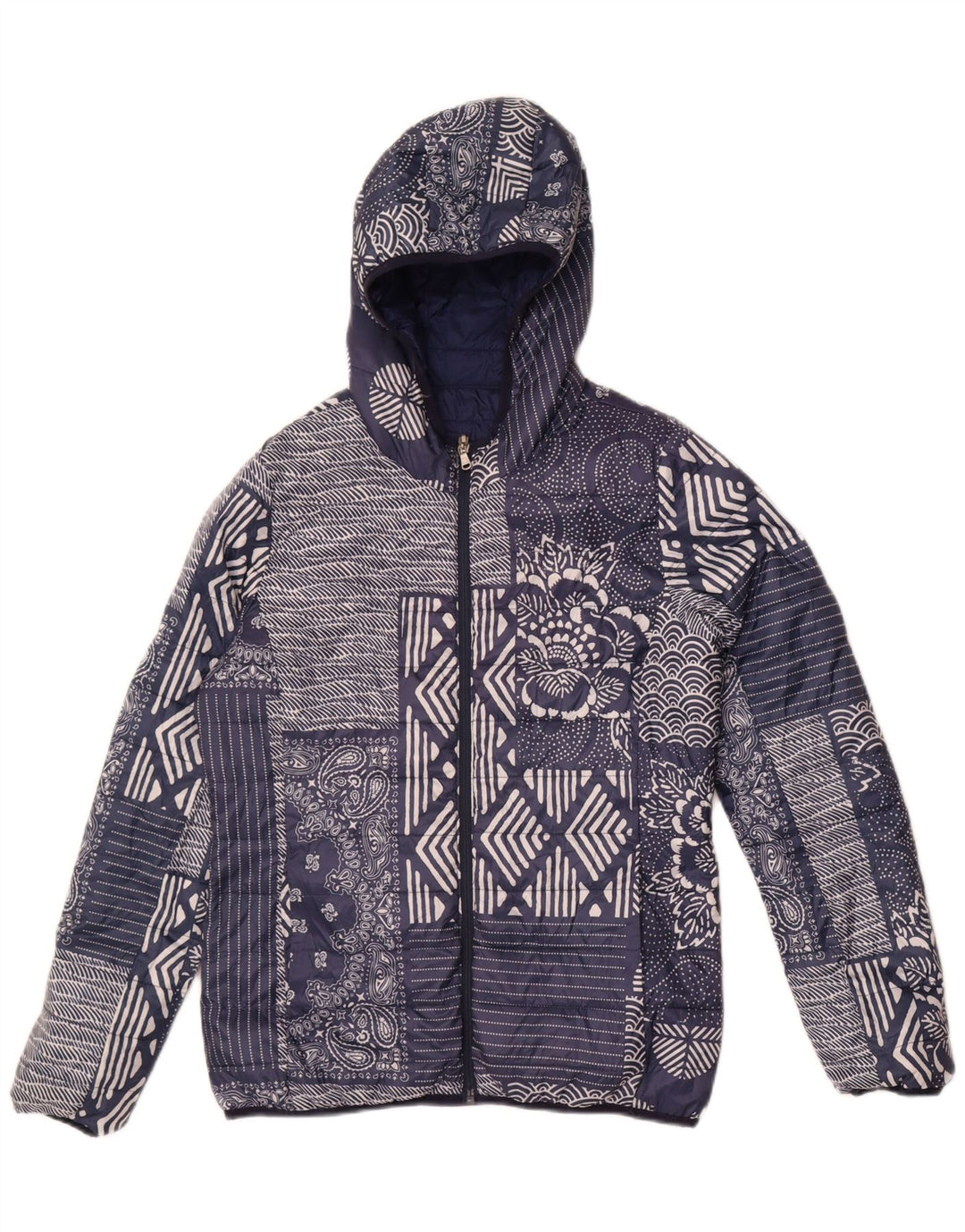 Jaqueta feminina acolchoada com capuz Champion IT 46 grande patchwork azul marinho