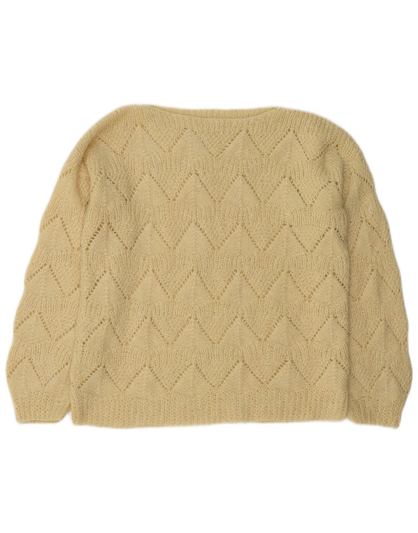 Suéter feminino vintage com gola canoa UK 18 XL Amarelo Chevron