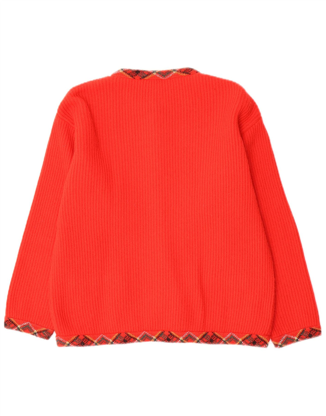 Suéter cardigã feminino vintage Reino Unido 12 médio vermelho argyle/lã diamante
