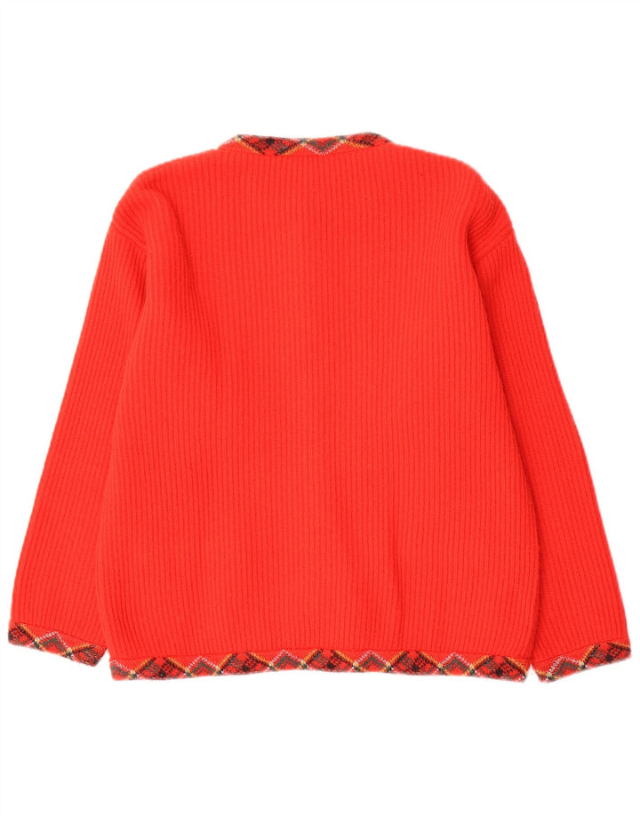 Suéter cardigã feminino vintage Reino Unido 12 médio vermelho argyle/lã diamante