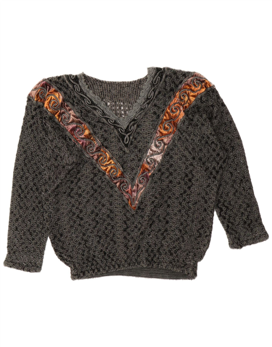 Suéter feminino vintage com decote em V Reino Unido 14 grande bloco colorido cinza