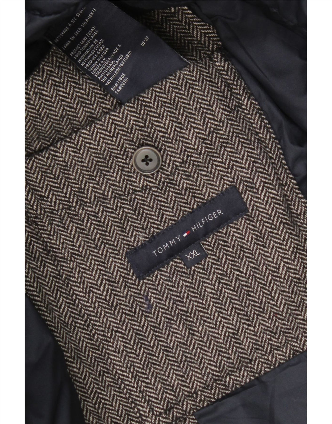Jaqueta acolchoada masculina Tommy Hilfiger UK 44 2XL lã espinha de peixe cinza