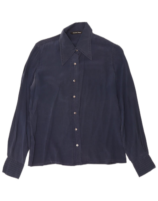 Blusa feminina vintage IT 48 XL azul marinho seda