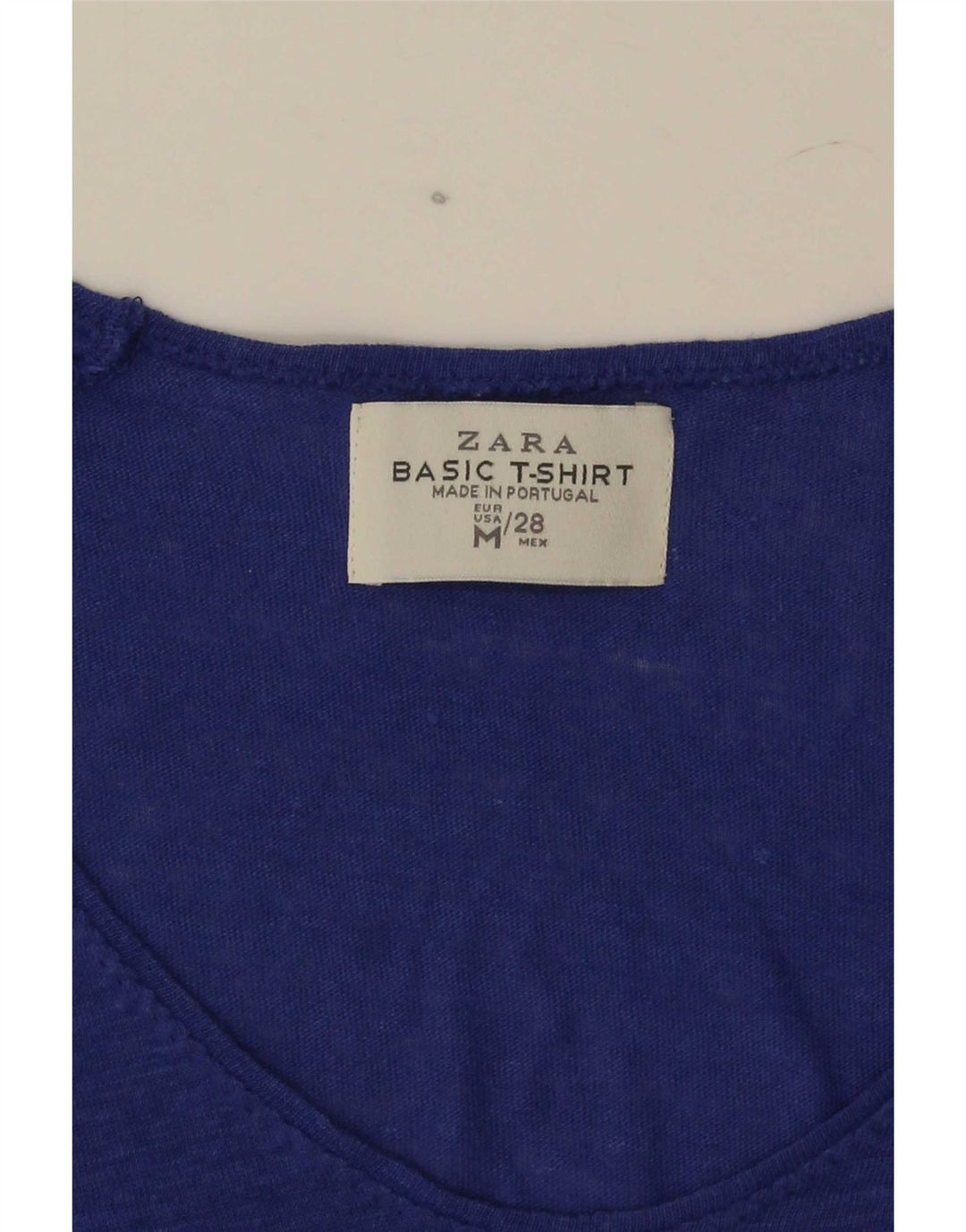 Camiseta feminina Zara UK 14 médio azul manchado