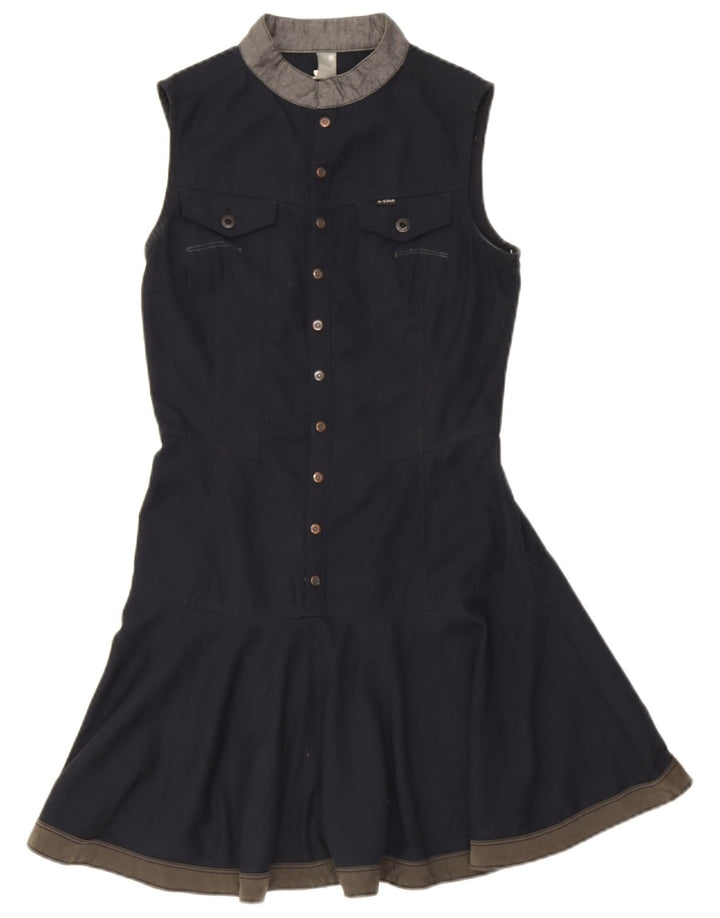 Vestido feminino G-Star sem mangas evasê UK 8 pequeno poliéster azul marinho