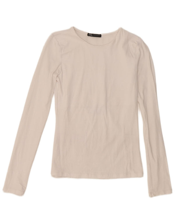 Top feminino Zara manga comprida UK 8 pequeno algodão branco