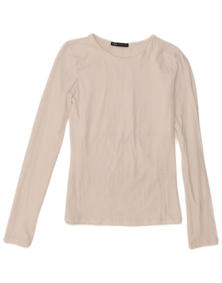 Top feminino Zara manga comprida UK 8 pequeno algodão branco
