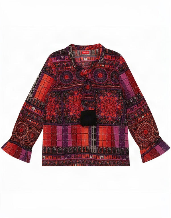 Blusa feminina vintage com gravata frontal UK 16 grande floral multicolorida