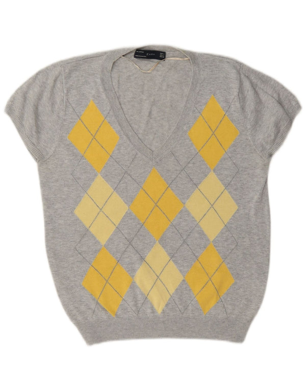 Suéter feminino Zara com decote em V Reino Unido 14 grande cinza argyle/diamante