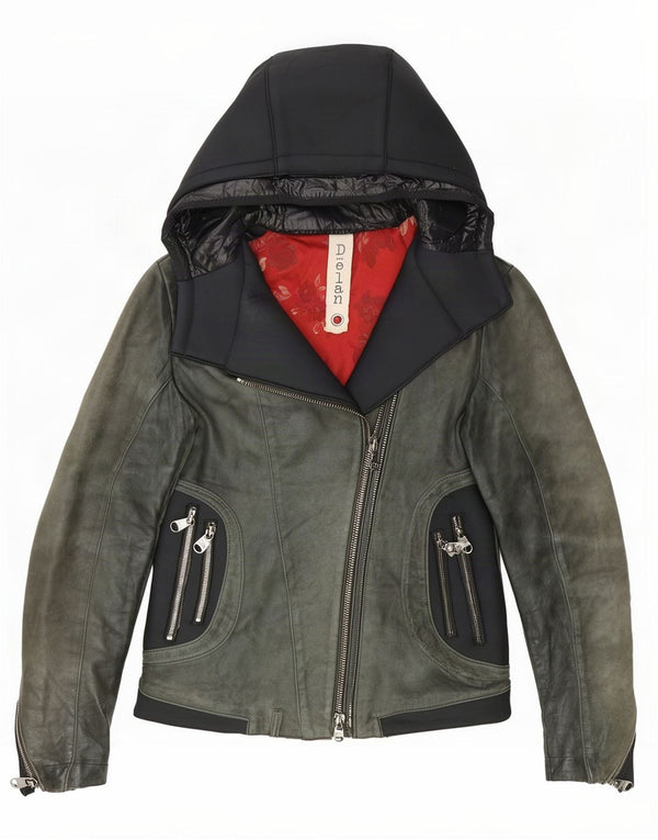 Jaqueta feminina de couro com capuz Delan para motociclista IT 42 bloco colorido verde médio