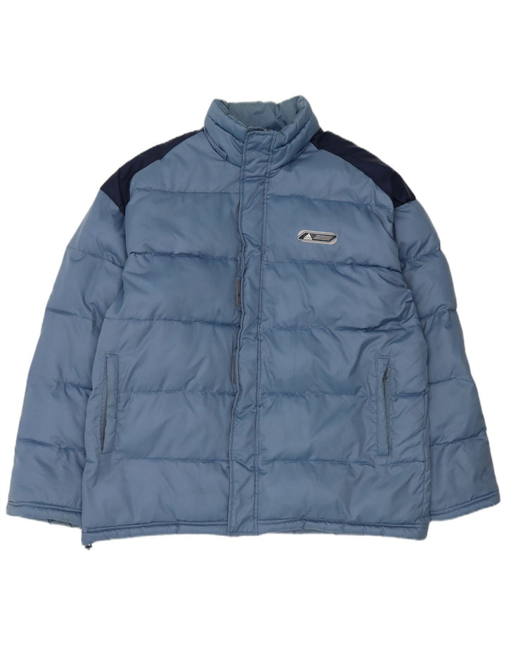 Jaqueta acolchoada masculina Adidas UK 40 grande bloco colorido azul nylon