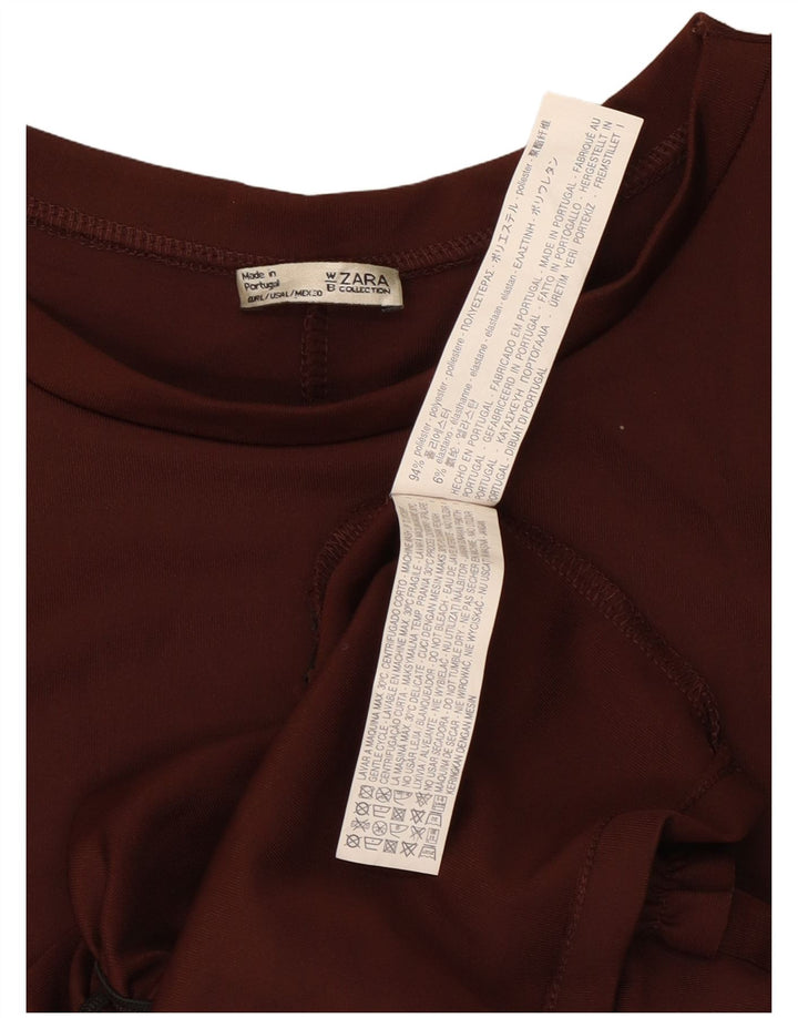 Zara Vestido feminino com babados na frente, Reino Unido 14, grande, marrom, poliéster