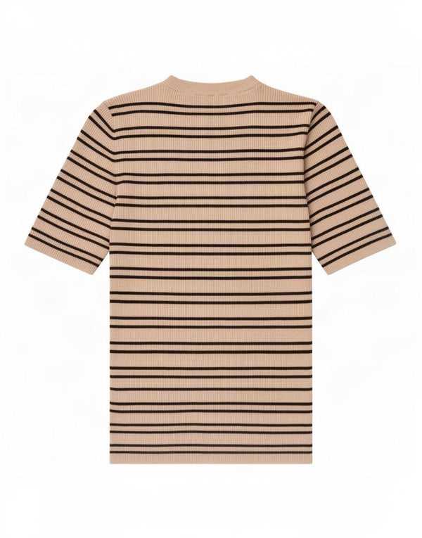 Camiseta feminina Marks & Spencer UK 14 grande viscose listrada bege