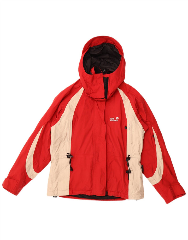 Jaqueta corta-vento feminina com capuz Jack Wolfskin Reino Unido 10 pequeno bloco colorido vermelho