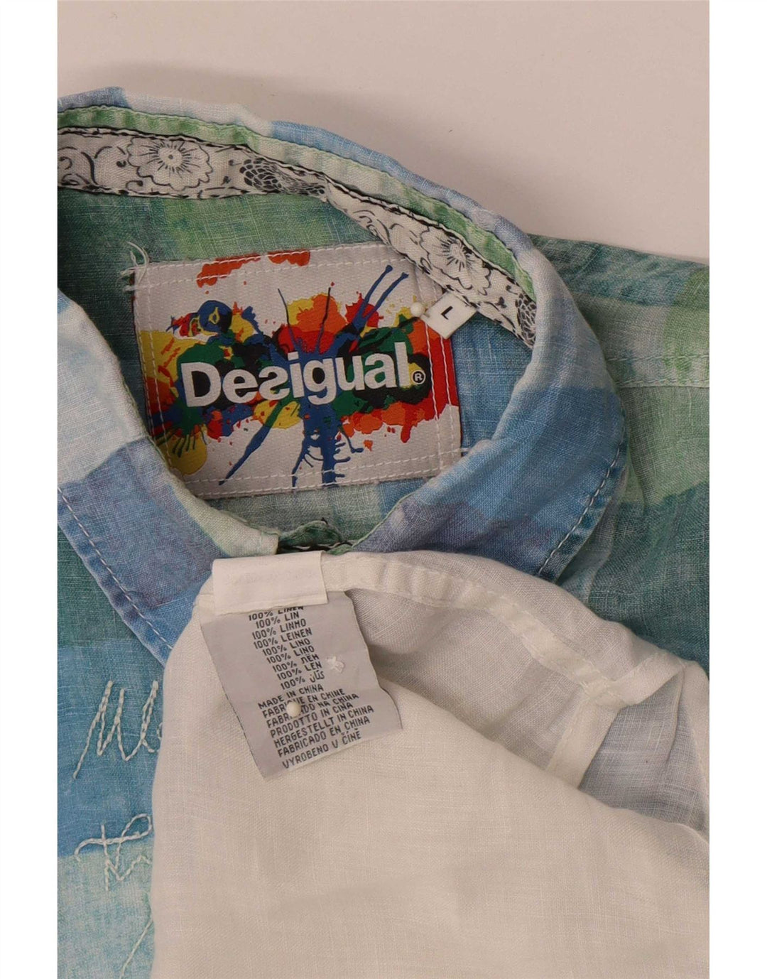 Desigual Camisa masculina gráfica de manga curta grande linho xadrez branco