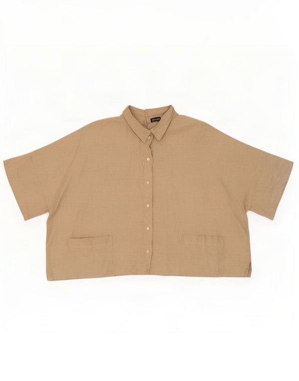 Vintage Womens Crop Shirt Blouse UK 22 3XL Beige Cotton