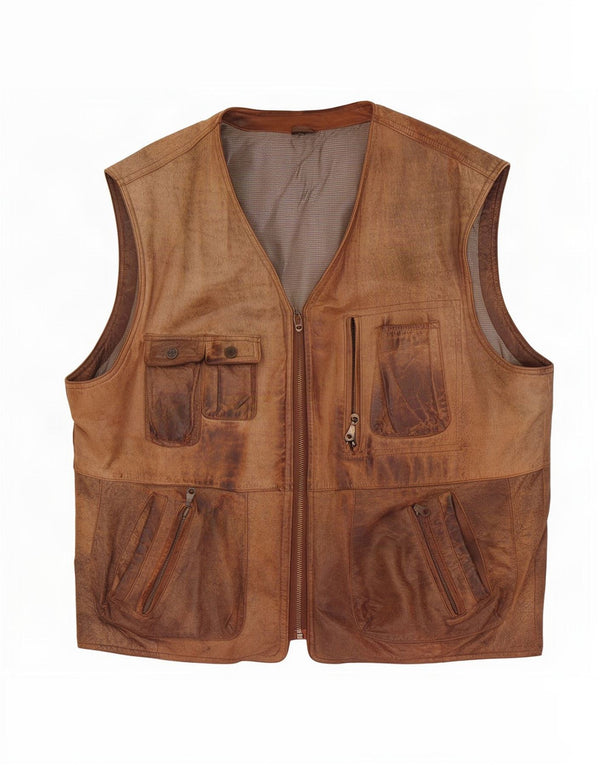 Colete utilitário de couro masculino vintage EU 54 2XL marrom