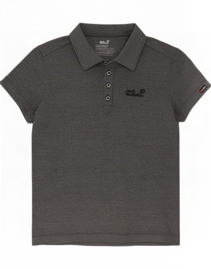 Camisa polo feminina Jack Wolfskin Reino Unido 12/14 poliéster manchado cinza médio
