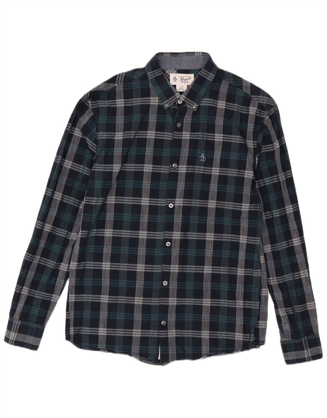 Camisa masculina Penguin grande algodão xadrez azul marinho