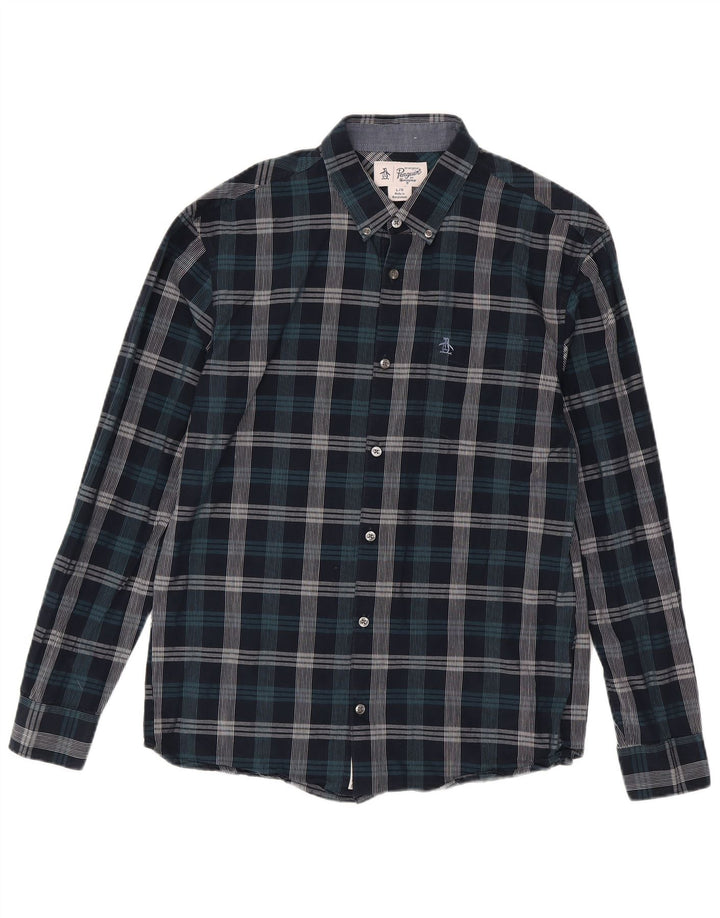 Camisa masculina Penguin grande algodão xadrez azul marinho